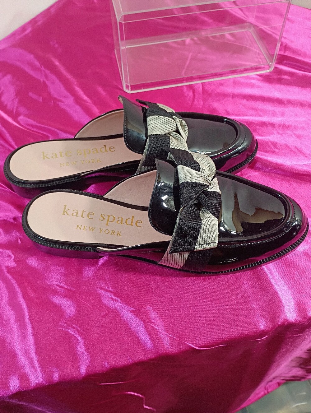 Kate Spade Women's SZ 9.5B Patent Leather Fabric Leandra Mule Loafers Black. - Picture 2 of 9